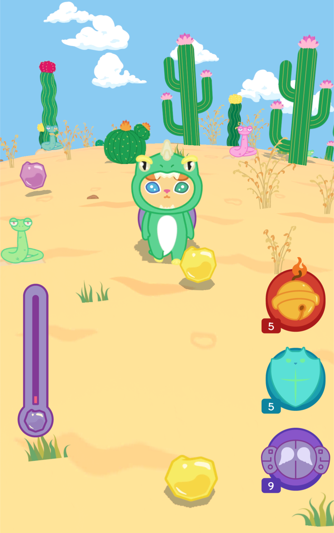 Screenshot of kiwie collecting fuel in the desert with two snakes and many cacti in the background